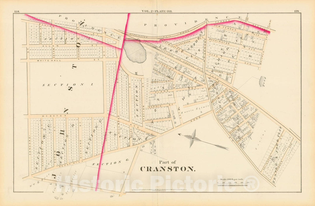 Historic Map : City Atlas of Providence Rhode Island by Wards, Volume II, Cranston & Johnston 1875 Plate BB , Vintage Wall Art