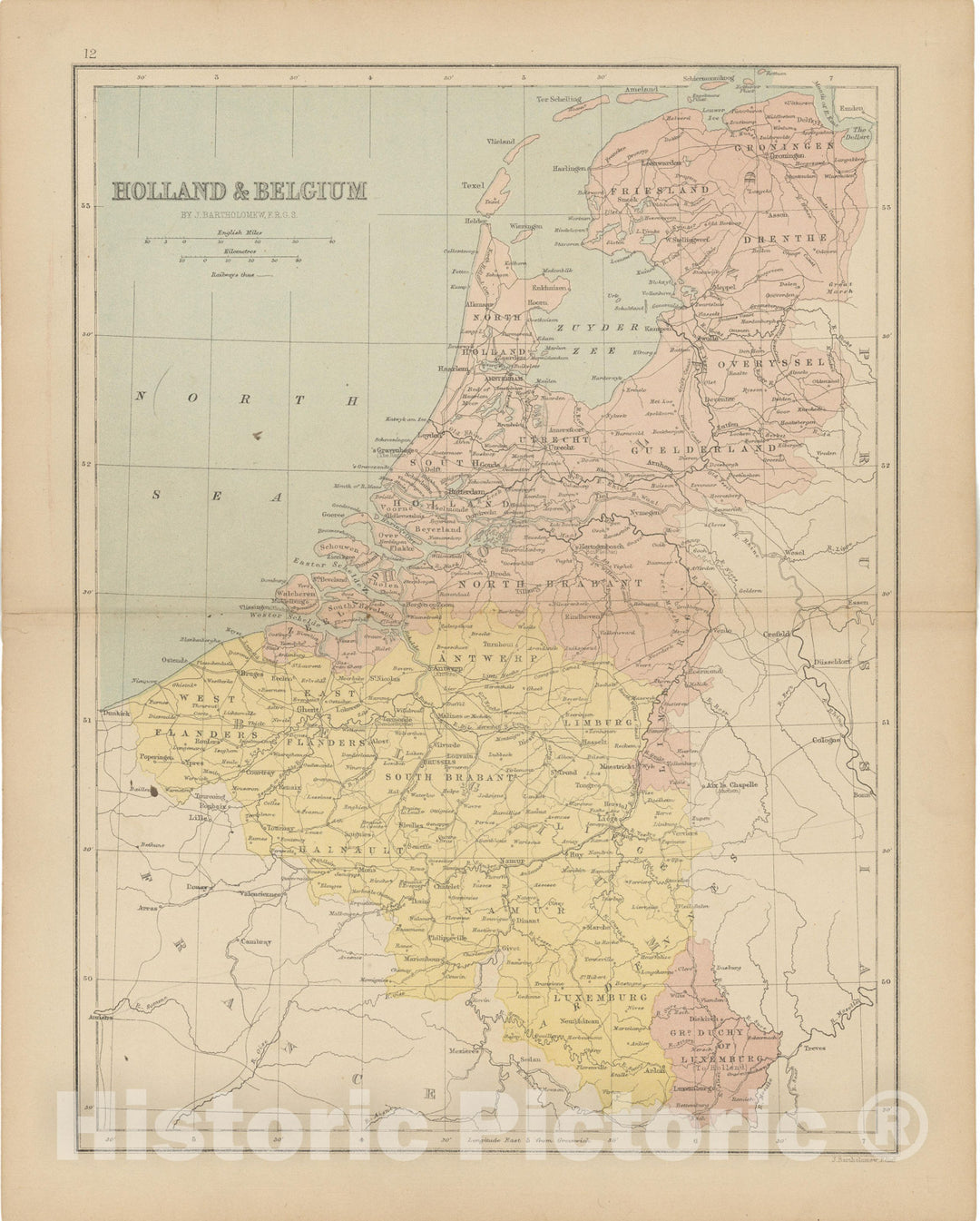 Historic Map : Netherlands & Belgium 1875 , Student Atlas of Modern Geography , Vintage Wall Art