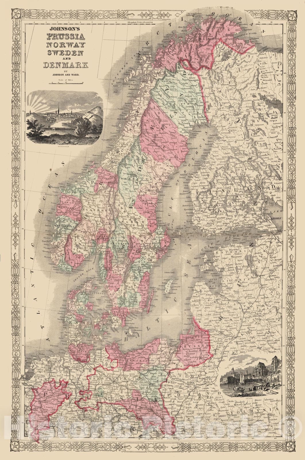 Historic Map : Denmark & Sweden & Norway & Prussia 1865 , Johnson's Family Atlas , Vintage Wall Art