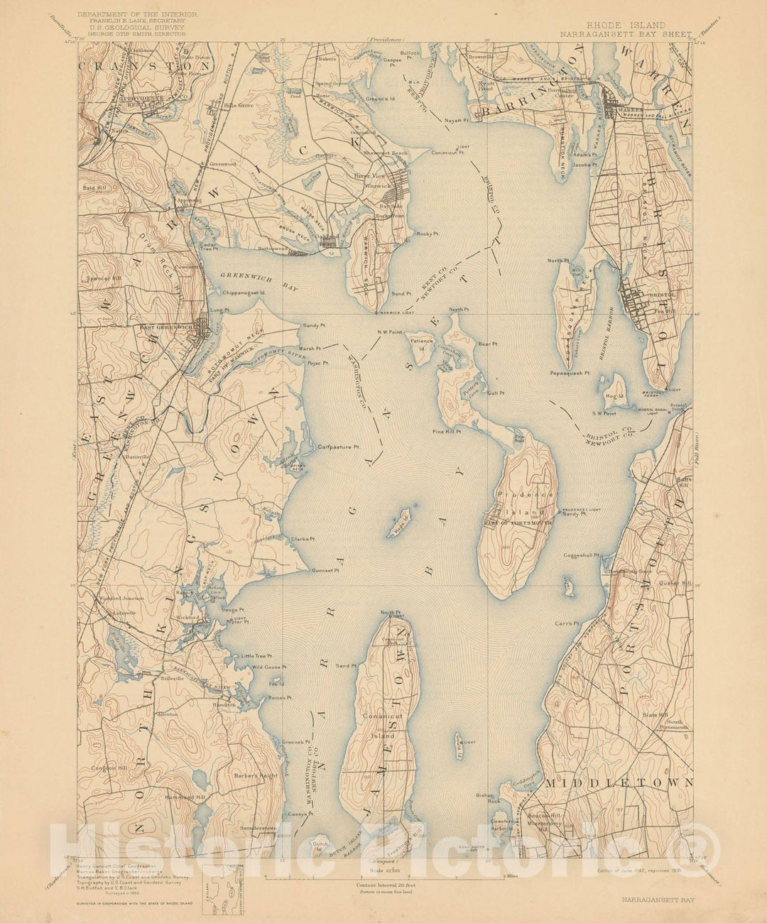 Historic Map : USGS 7.5 Minute Sheets and Quadrangles, East Greenwich & Warren & Warwick 1918 Topographic Map , Vintage Wall Art