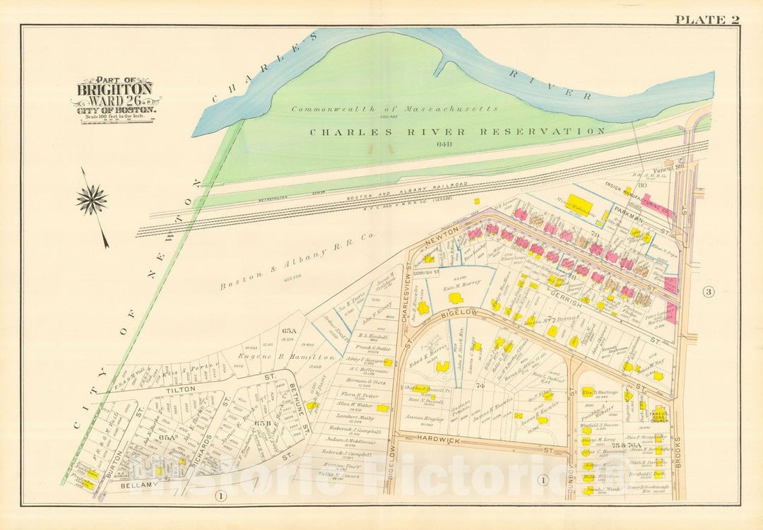 Historic Map : Atlas City of Boston, Wards 25 & 26 Brighton, Brighton 1916 Plate 002 , Vintage Wall Art