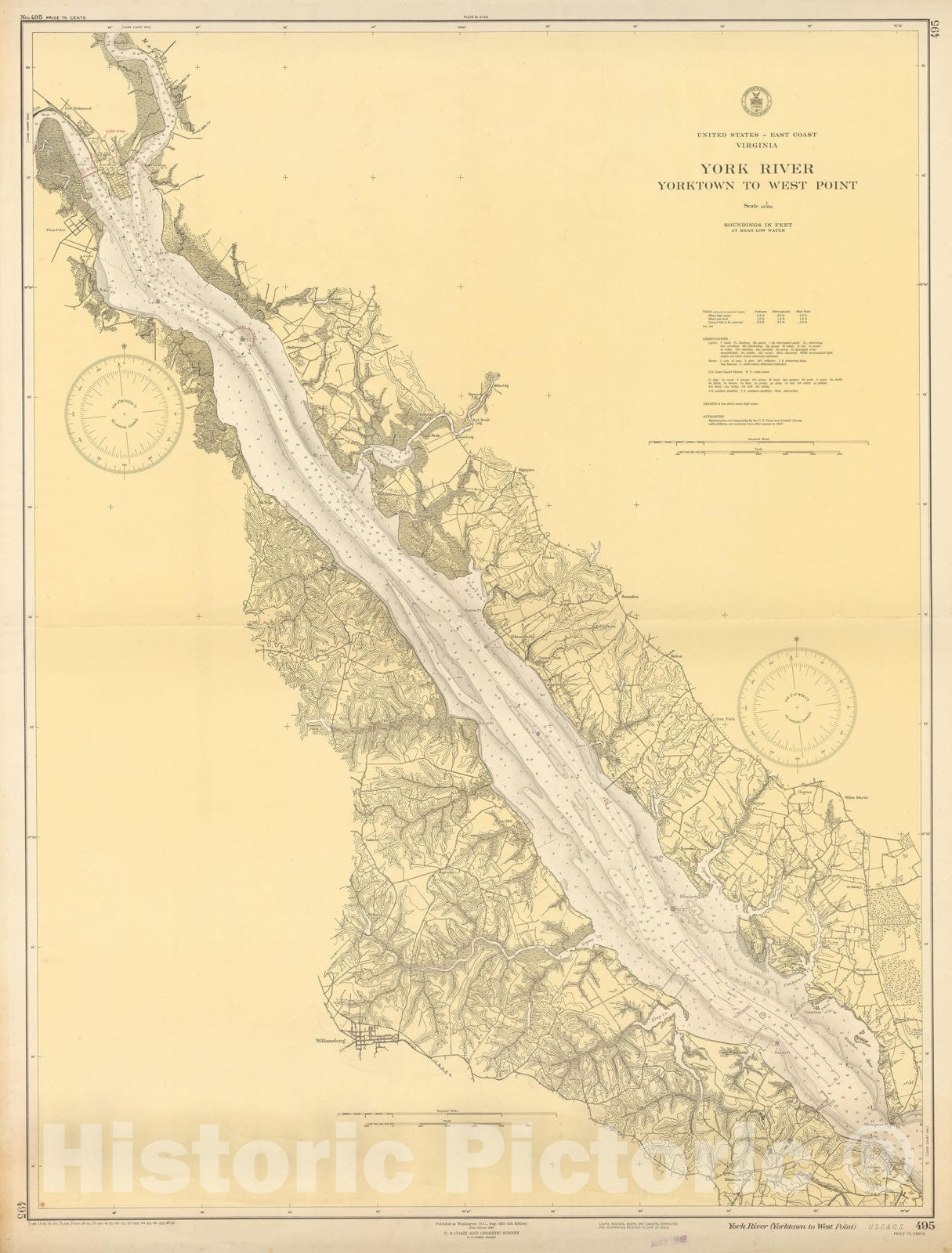 Historic Map : Coastal Charts - Virginia: York River - Yorktown to West Point 1947 , Vintage Wall Art