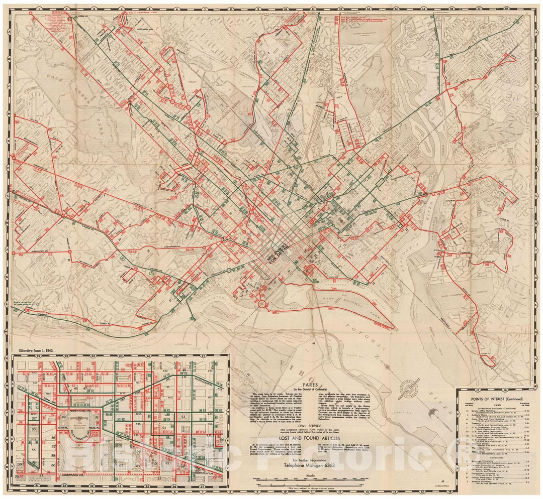 Historic Map : Washington D.C. (Dist. of Columbia), Washington Capital Transit 1940 Railroad Catography , Vintage Wall Art