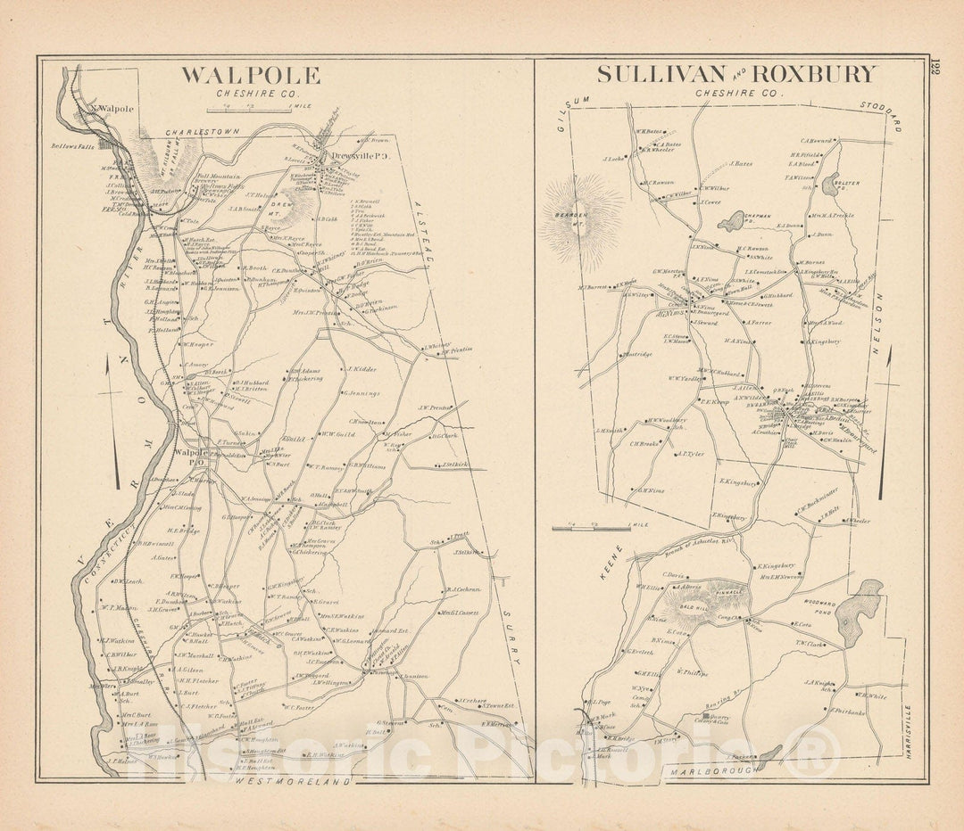 Historic Map : Roxbury & Sullivan & Walpole 1892 , Town and City Atlas State of New Hampshire , Vintage Wall Art