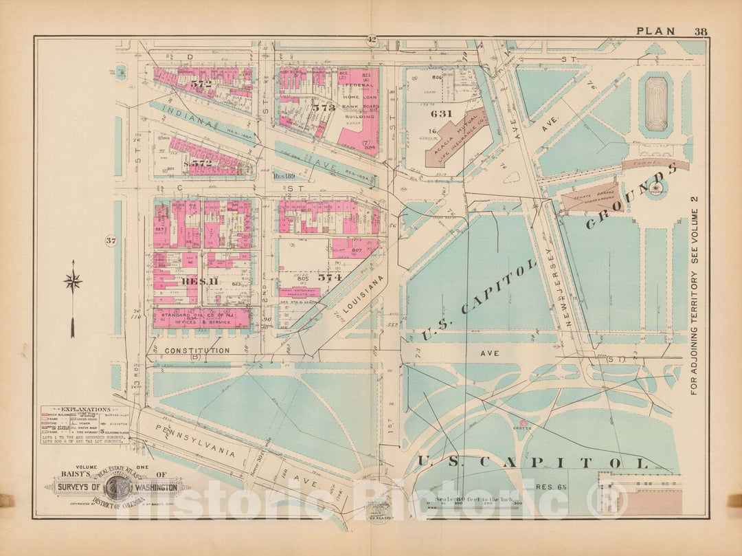 Historic Map : Atlas of Washington D.C. Volume 1 (Inner NW), Washington 1939 Plate 038 , Vintage Wall Art