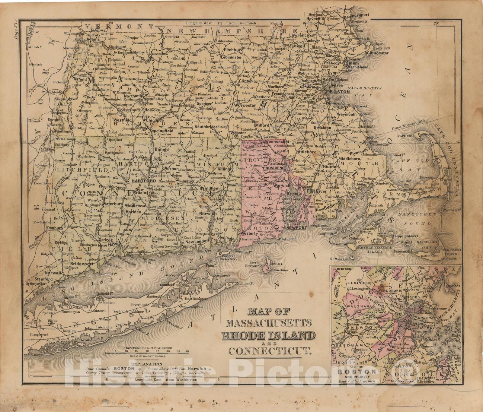 Historic Map : Warren's Common-School Geography, Connecticut & Massachusetts & Rhode Island 1879 , Vintage Wall Art