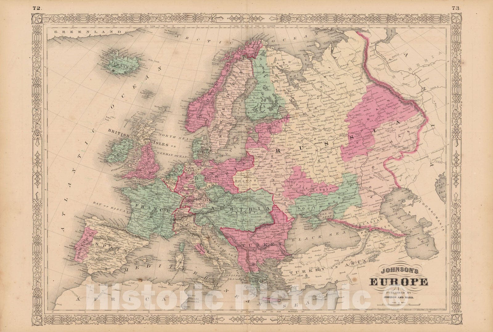 Historic Map : Europe 1865 , Johnson's Family Atlas , v2, Vintage Wall Art