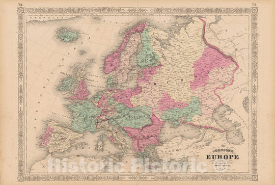 Historic Map : Europe 1865 , Johnson's Family Atlas , v2, Vintage Wall Art