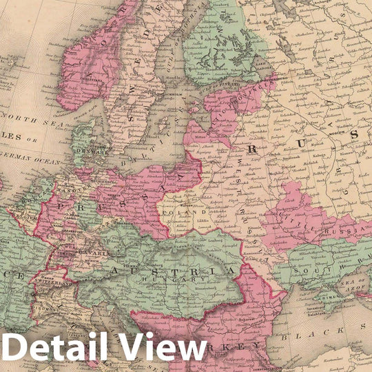 Historic Map : Europe 1865 , Johnson's Family Atlas , v2, Vintage Wall Art