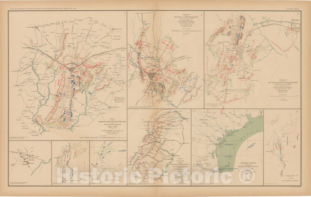 Historic Map : Civil War Atlas of the Union and Confederate Armies, Battles in GA, PA, TN & TX 1895 , Vintage Wall Art