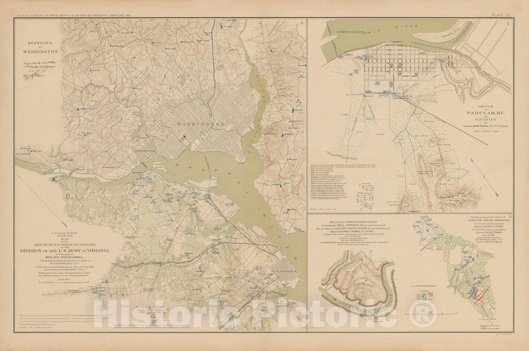 Historic Map : Washington D.C. (Dist. of Columbia), Battles in DC, KY, MD & VA 1895 , Vintage Wall Art