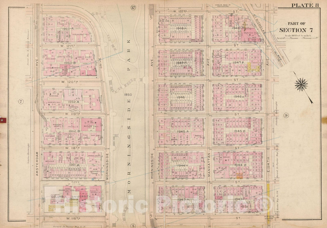 Historic Map : Atlas City of New York, Borough of Manhattan, Volume 4, 110th St to 145th St, Manhattan 1914 Plate 008 , Vintage Wall Art