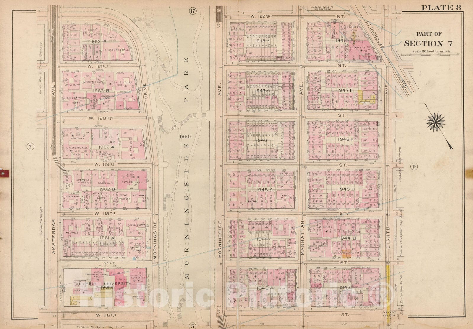 Historic Map : Atlas City of New York, Borough of Manhattan, Volume 4, 110th St to 145th St, Manhattan 1914 Plate 008 , Vintage Wall Art