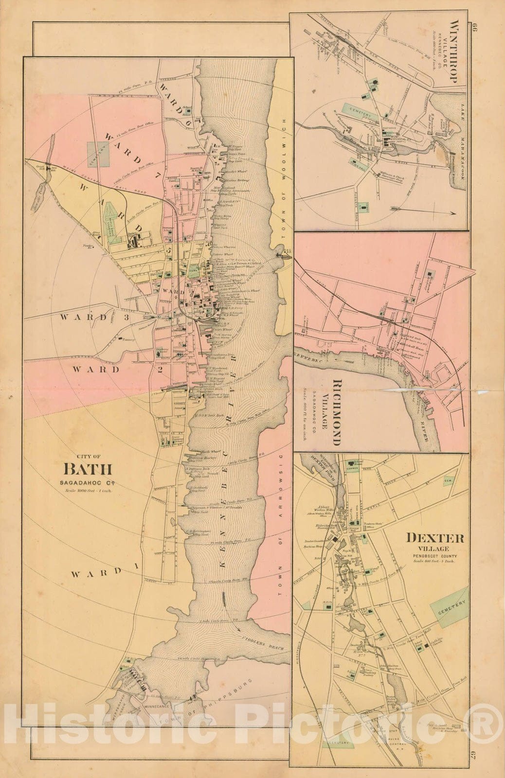 Historic Map : Atlas State of Maine, Bath & Dexter & Richmond & Winthrop 1894-95 , Vintage Wall Art