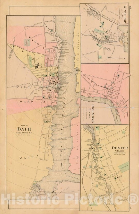 Historic Map : Atlas State of Maine, Bath & Dexter & Richmond & Winthrop 1894-95 , Vintage Wall Art