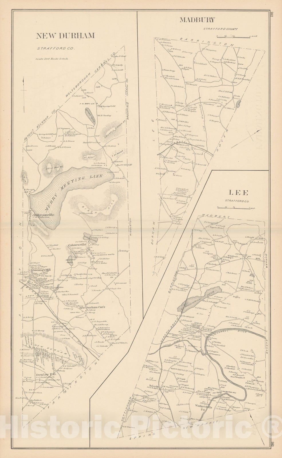 Historic Map : Lee & Madbury & New Durham 1892 , Town and City Atlas State of New Hampshire , Vintage Wall Art