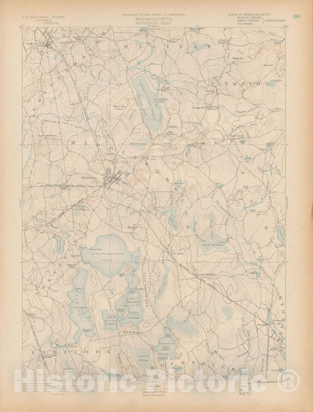 Historic Map : Atlas of Massachusetts, Bridgewater & Lakeville & Middleborough & Plympton 1890 Page 40 , Vintage Wall Art