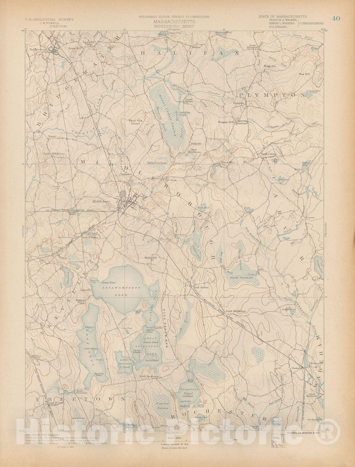 Historic Map : Atlas of Massachusetts, Bridgewater & Lakeville & Middleborough & Plympton 1890 Page 40 , Vintage Wall Art