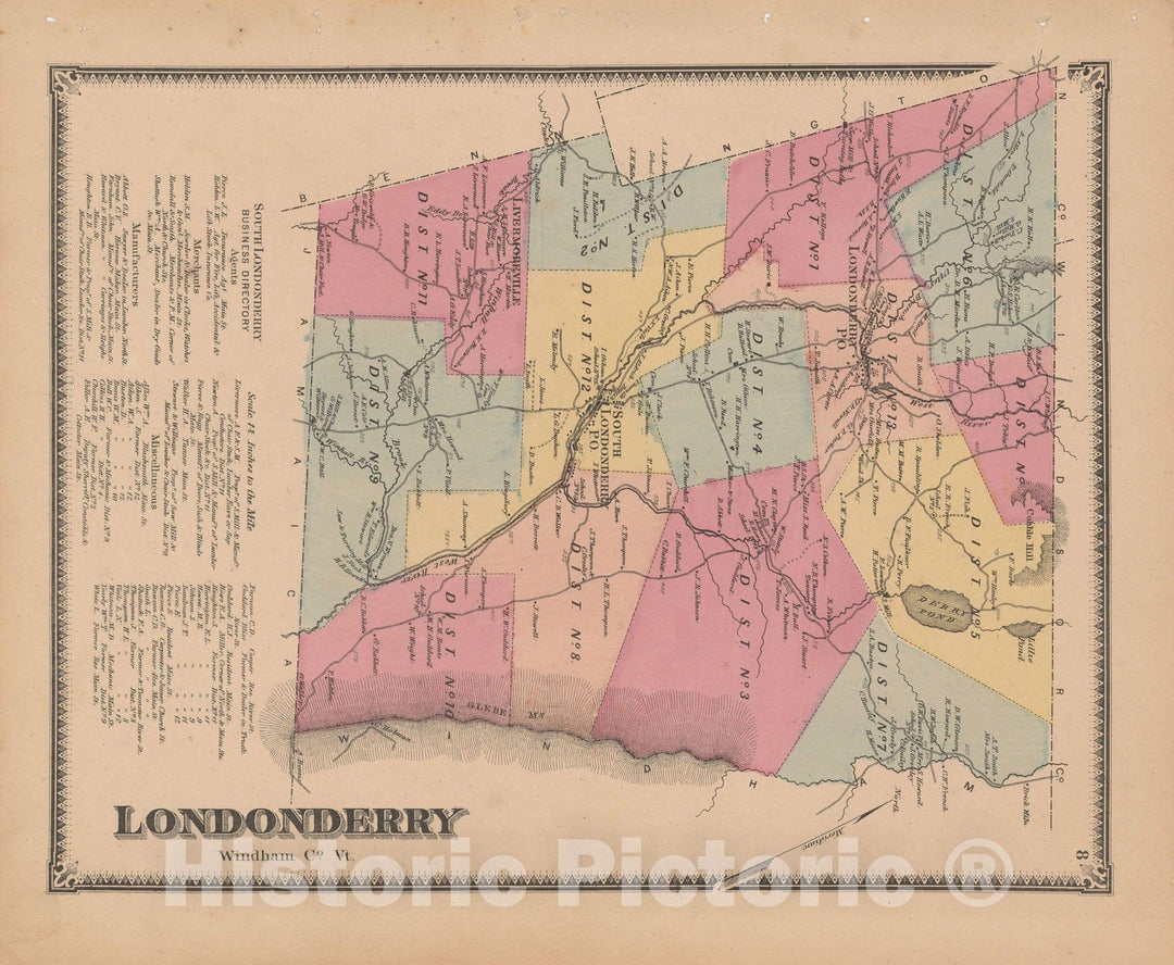 Historic Map : Atlas of Windham County, VT, Londonderry 1869 , v2, Vintage Wall Art