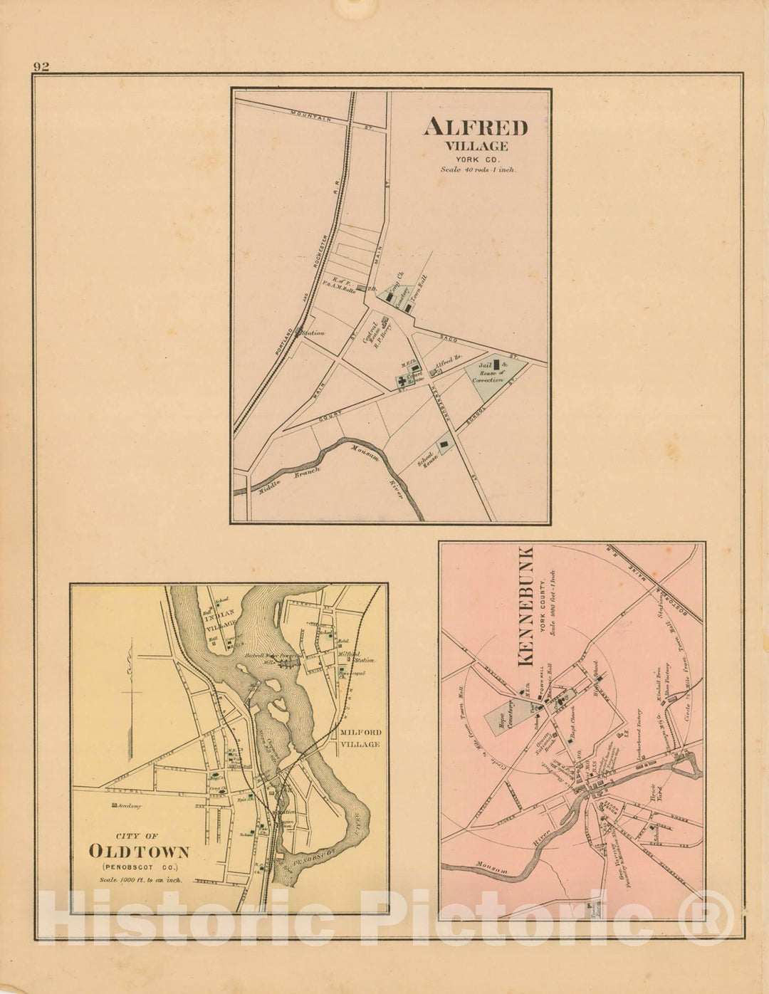 Historic Map : Atlas State of Maine, Alfred & Kennebunk & Kennebunkport & Old Town 1894-95 , Vintage Wall Art