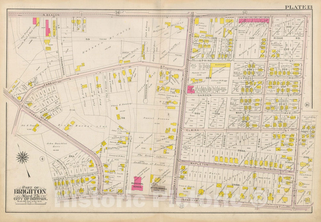 Historic Map : Atlas City of Boston Ward 25 Brighton, Brighton 1909 Plate 013 , Vintage Wall Art