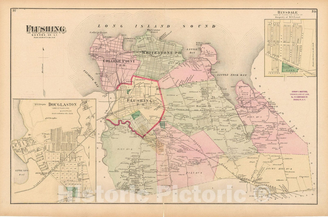 Historic Map : Atlas of Long Island, New York, Flushing & Queens 1873 , v4, Vintage Wall Art