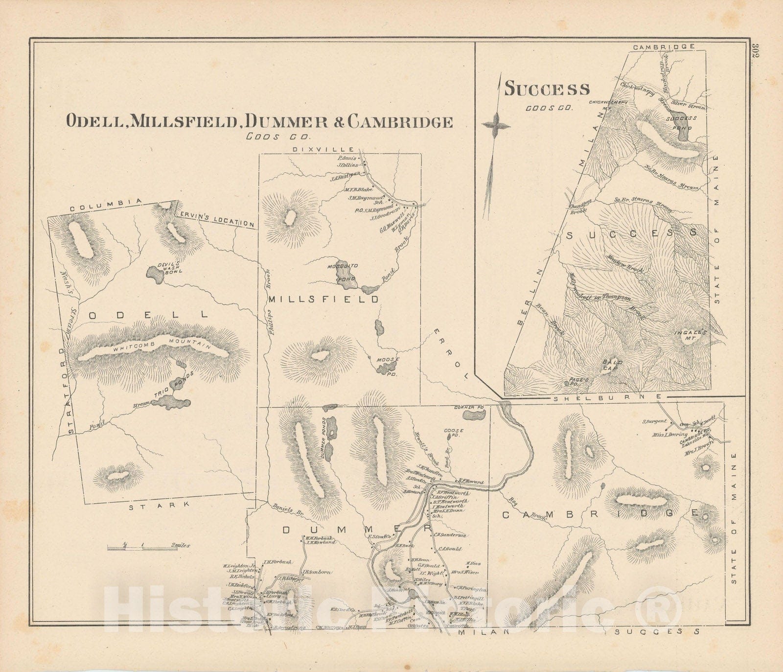 Historic Map : Cambridge & Dummer & Millsfield & Odell 1892 , Town and City Atlas State of New Hampshire , Vintage Wall Art