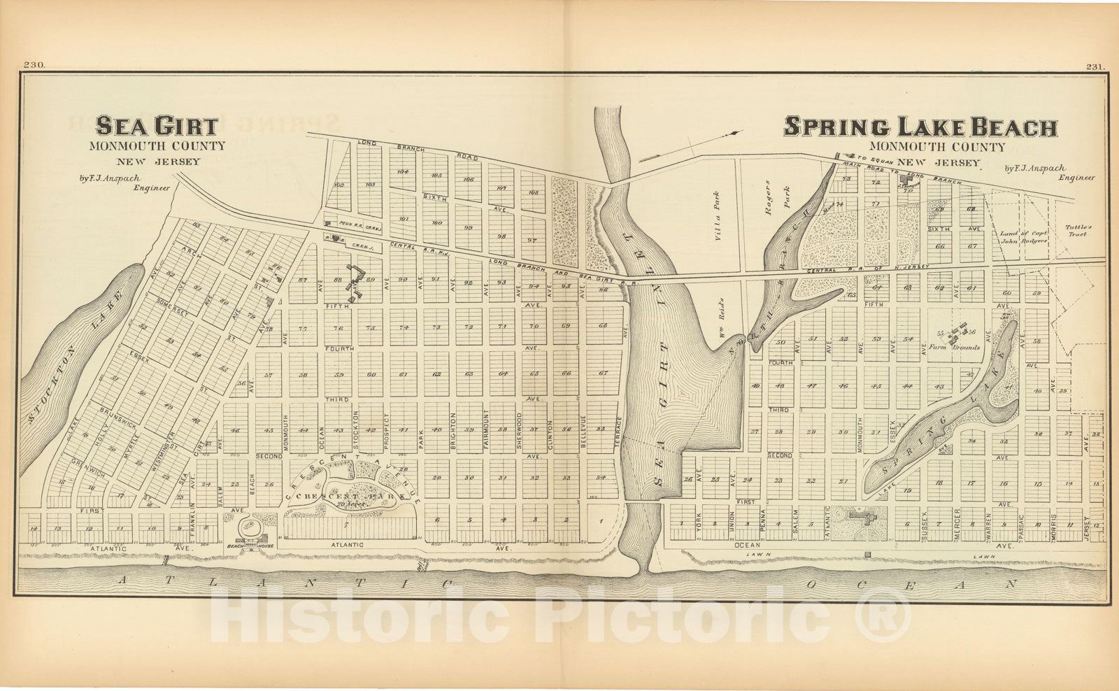 Historic Map : Atlas New Jersey Coast, Sea Girt & Spring Lake Beach 1878 , Vintage Wall Art