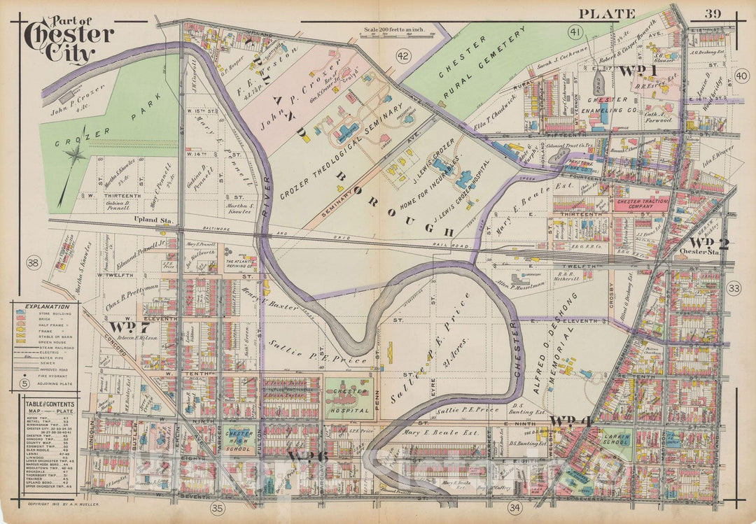 Historic Map : Atlas of Delaware County, West of Ridley Creek, Vol. Two, Chester City 1913 Plate 039 , Vintage Wall Art