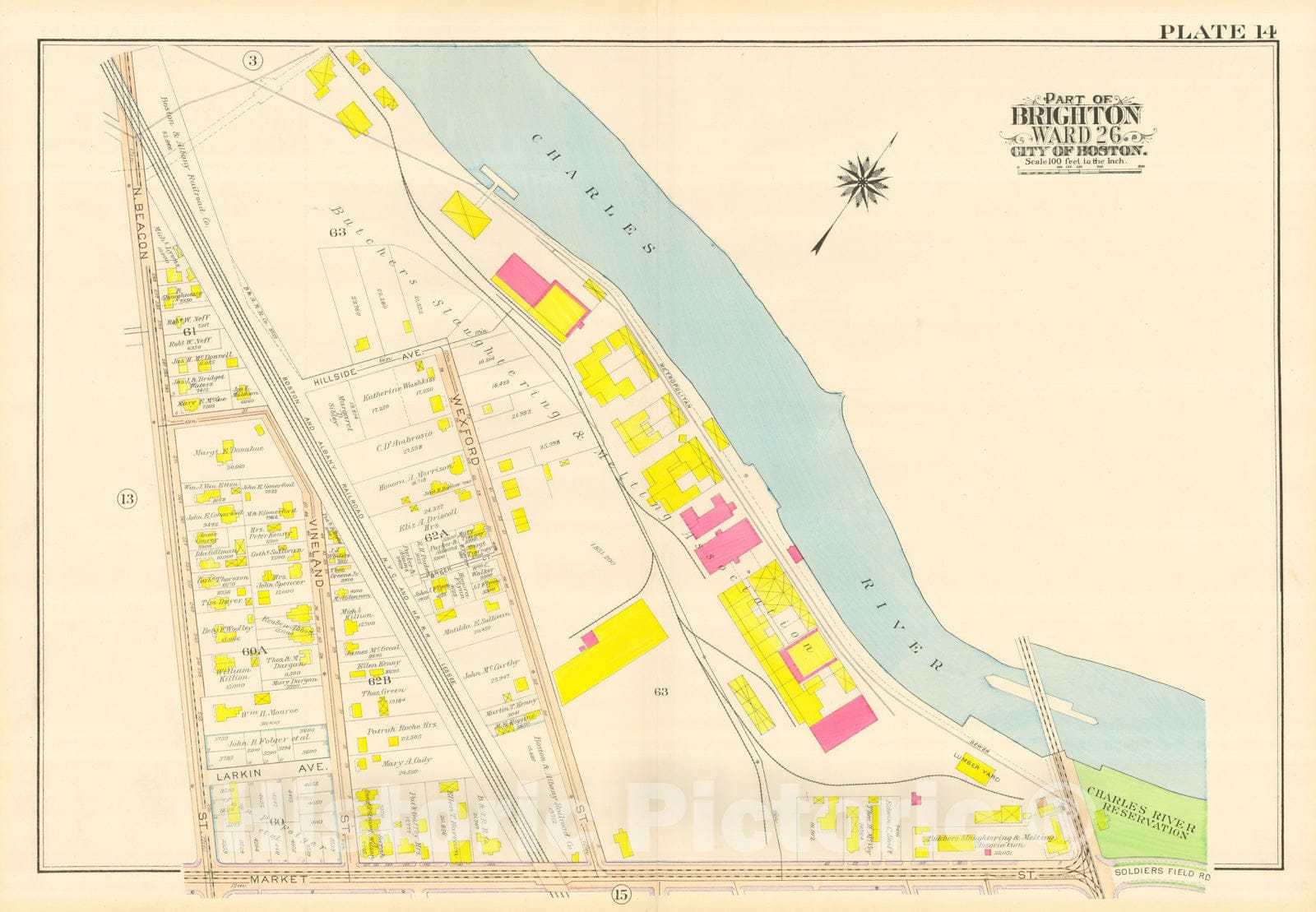 Historic Map : Atlas City of Boston, Wards 25 & 26 Brighton, Allston & Brighton 1916 Plate 014 , Vintage Wall Art