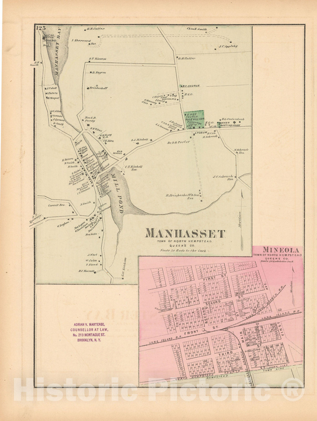 Historic Map : Atlas of Long Island, New York, North Hempstead 1873 , v3, Vintage Wall Art