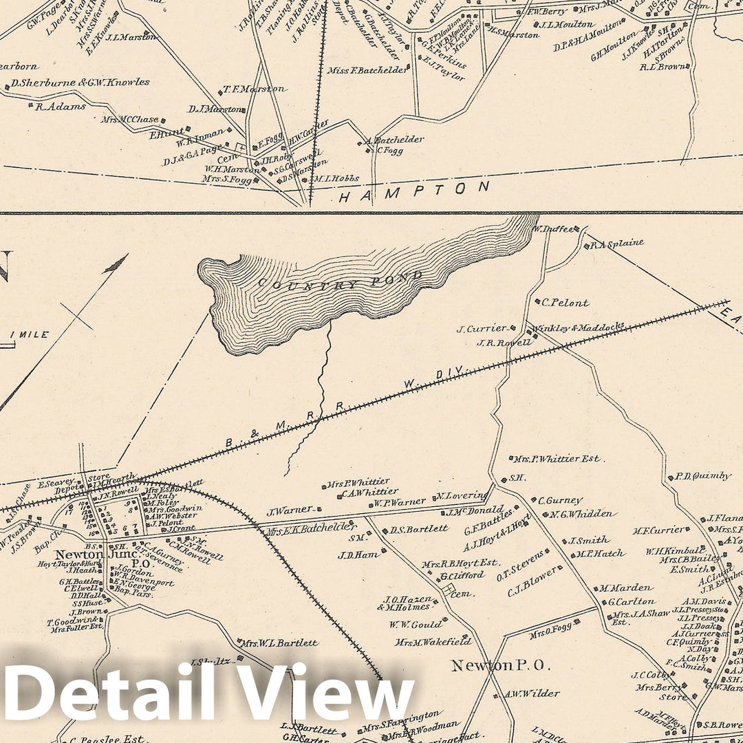 Historic Map : Newton & North Hampton 1892 , Town and City Atlas State of New Hampshire , Vintage Wall Art