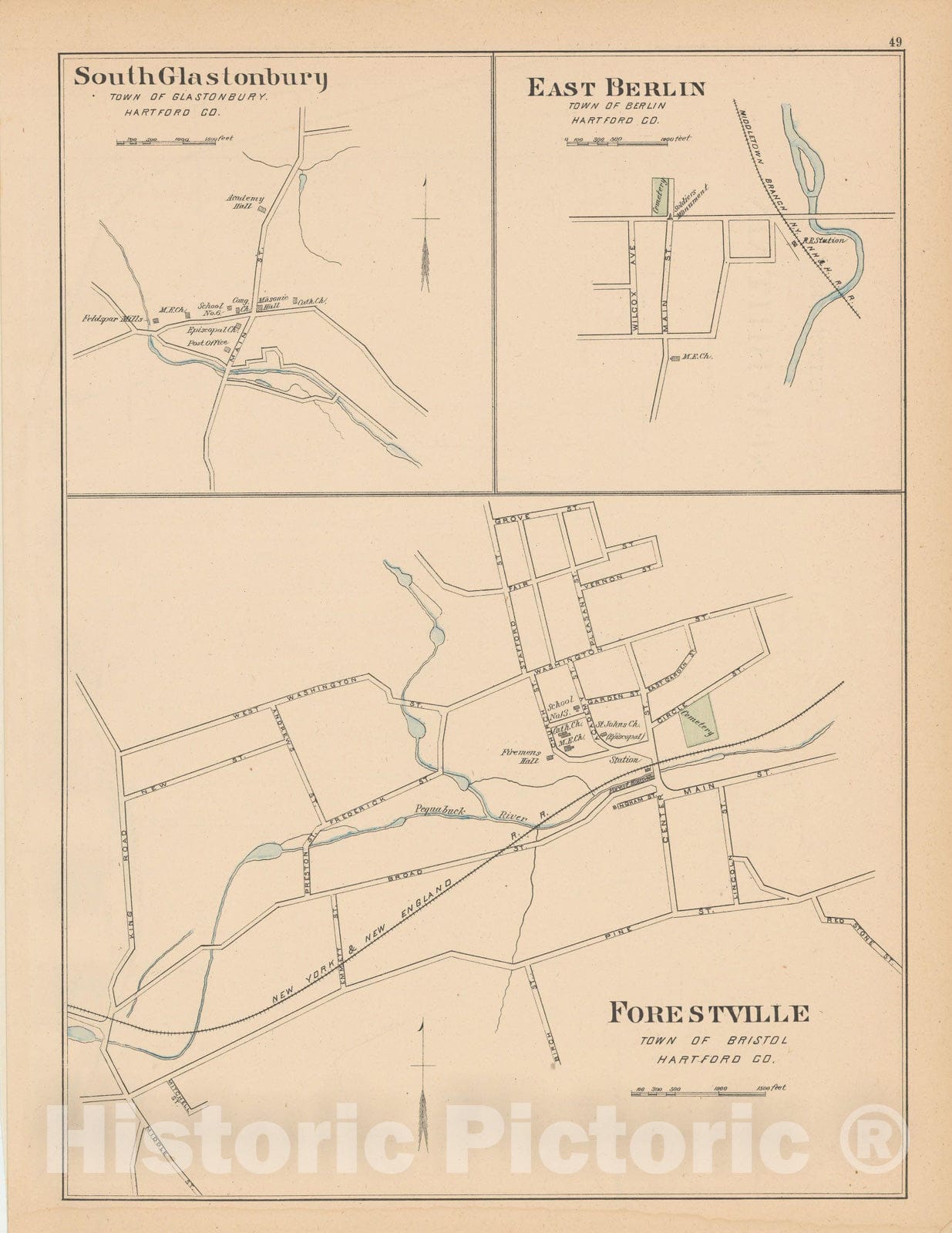 Historic Map : Berlin & Bristol & Glastonbury 1893 , Town and City Atlas State of Connecticut , Vintage Wall Art