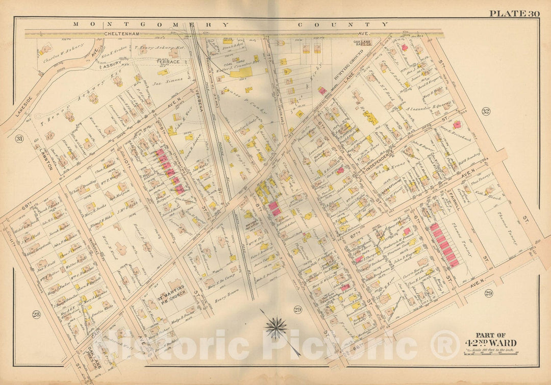 Historic Map : Atlas City of Philadelphia, 42nd Ward, Philadelphia 1913 Plate 030 , Vintage Wall Art