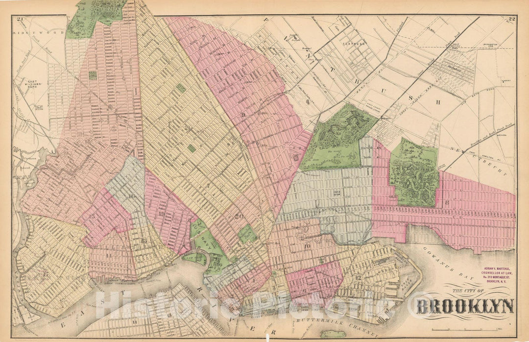 Historic Map : Atlas of Long Island, New York, Brooklyn 1873 , Vintage Wall Art