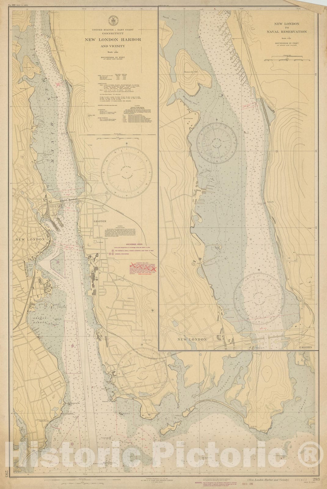 Historic Map : Coastal Charts - Connecticut: New London Harbor & Vicinity 1945 , Vintage Wall Art