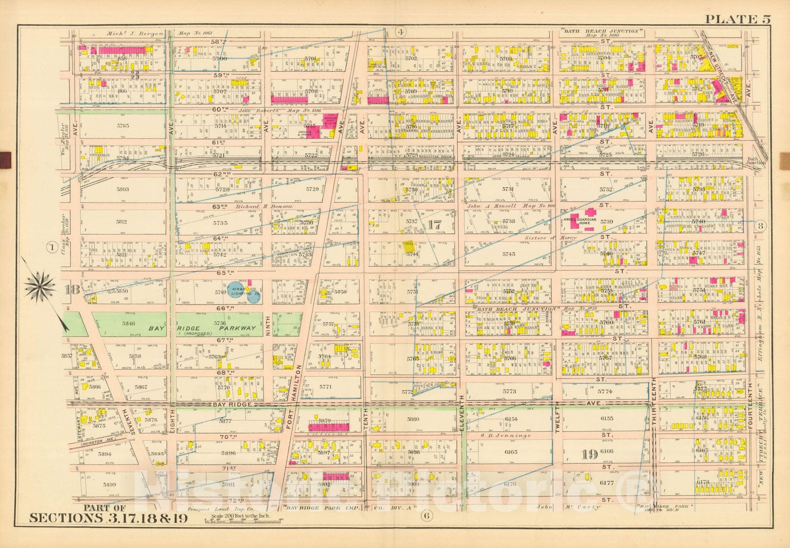 Historic Map : Vol. 2, Brooklyn 1907 Plate 005 , Atlas Borough of Brooklyn , Vintage Wall Art