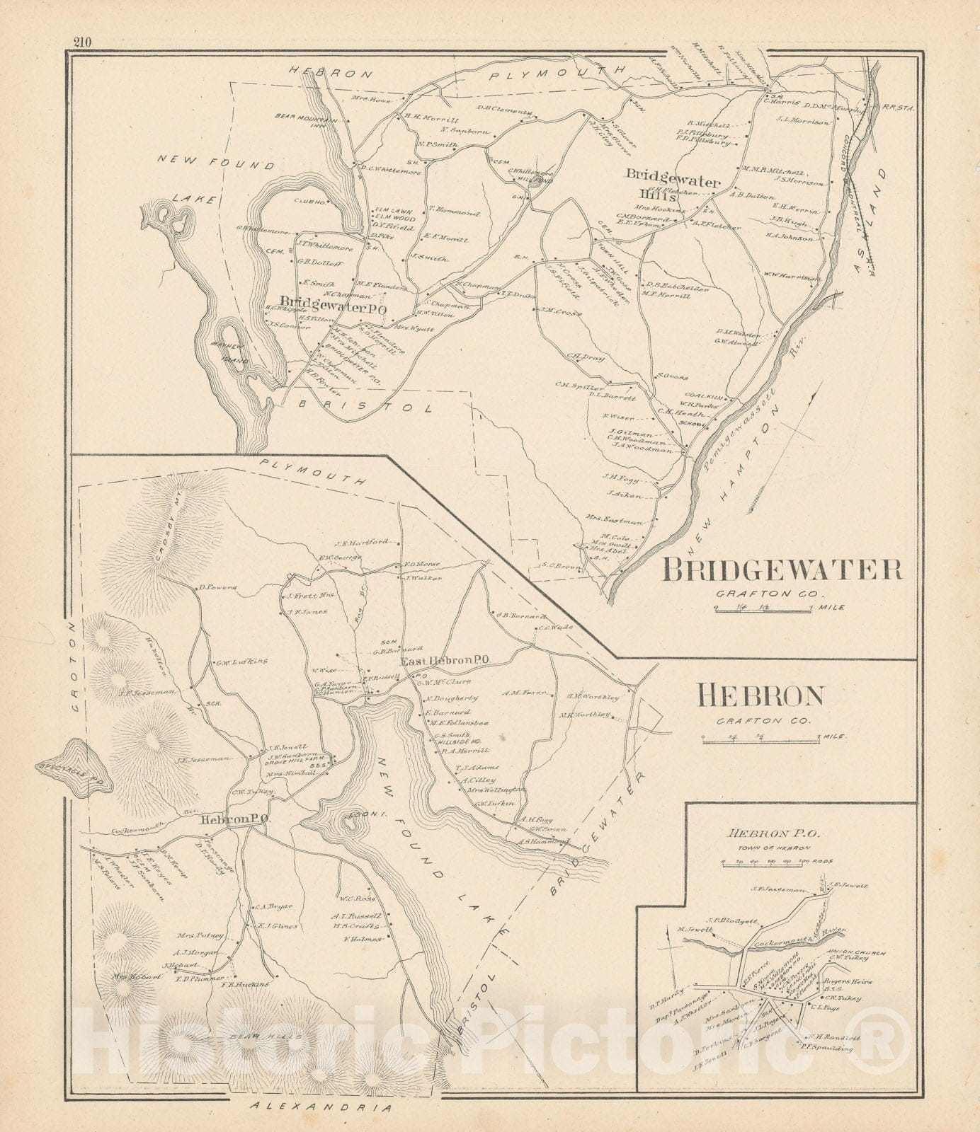 Historic Map : Bridgewater & Hebron & Newfound Lake 1892 , Town and City Atlas State of New Hampshire , Vintage Wall Art