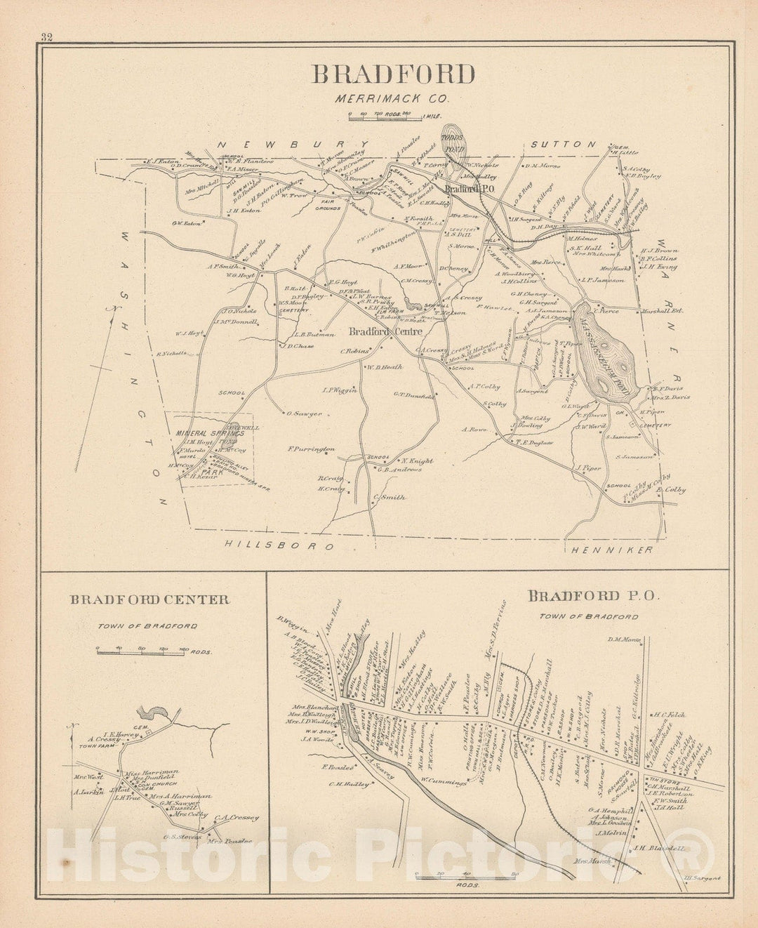 Historic Map : Bradford 1892 , Town and City Atlas State of New Hampshire , Vintage Wall Art