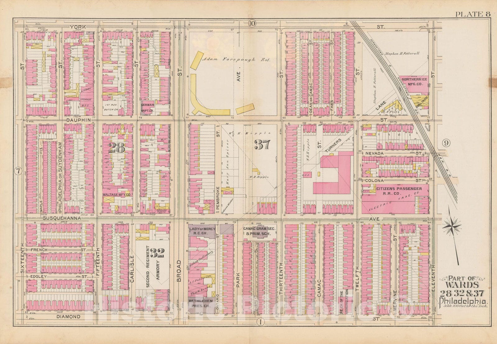 Historic Map : City of Philadelphia, 28th 32nd & 37th Wards, Vol. 6, Second Ed., Philadelphia 1894 Plate 008 , Vintage Wall Art