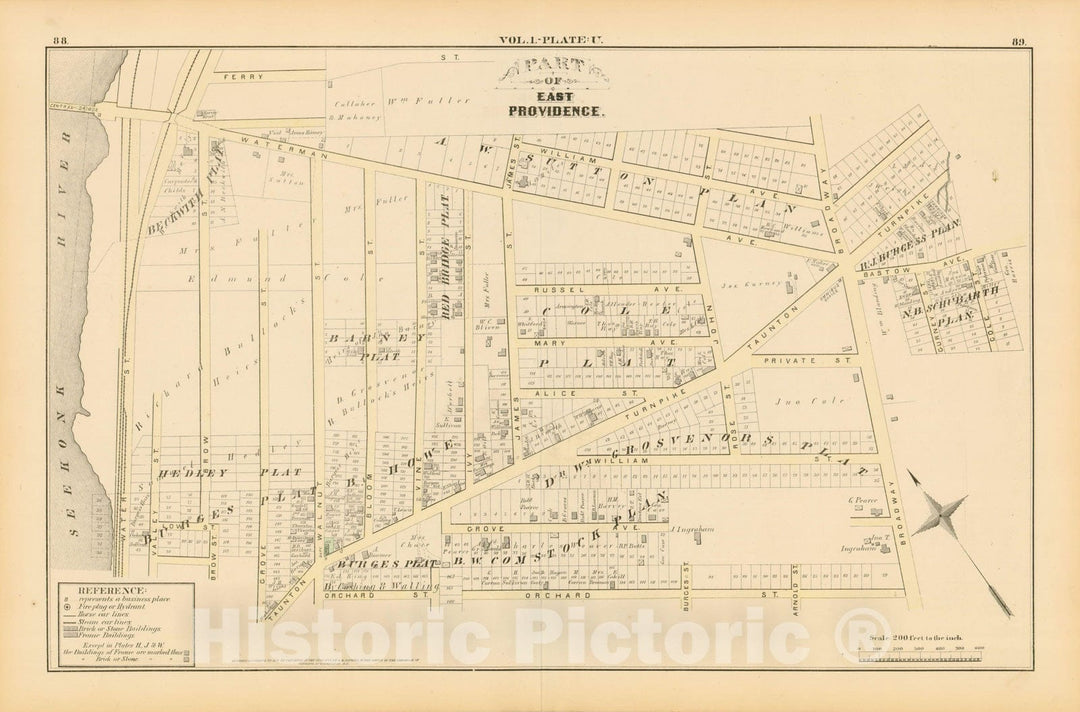 Historic Map : City Atlas of Providence Rhode Island by Wards, Volume I, East Providence 1875 Plate U , Vintage Wall Art