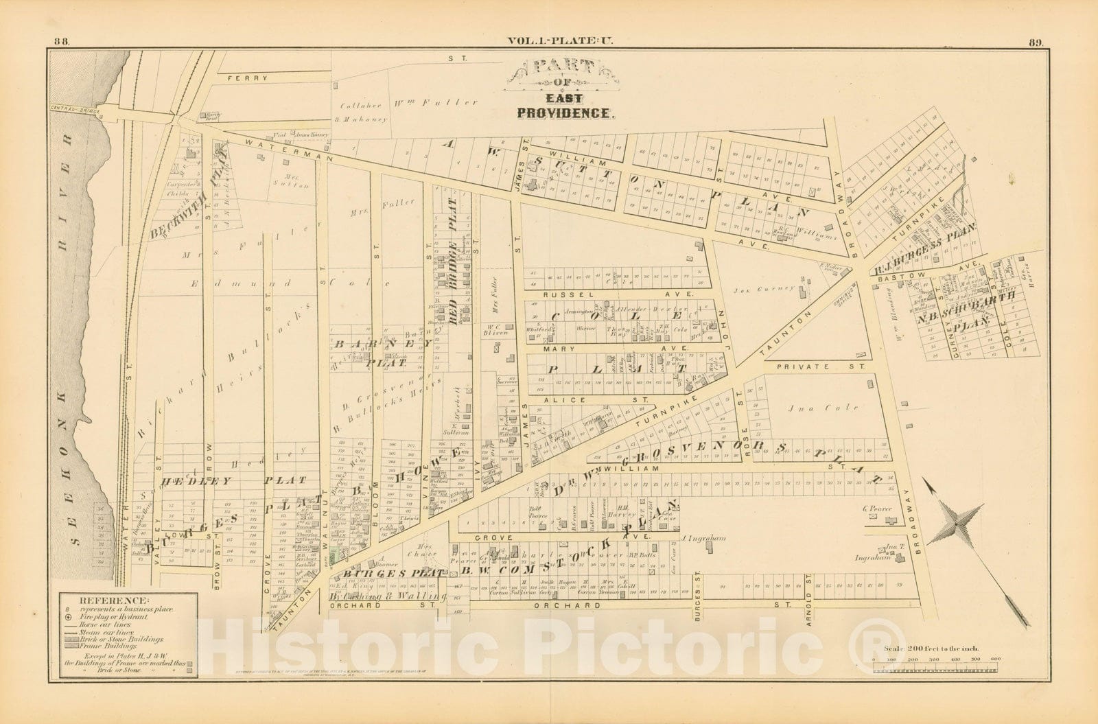 Historic Map : City Atlas of Providence Rhode Island by Wards, Volume I, East Providence 1875 Plate U , Vintage Wall Art