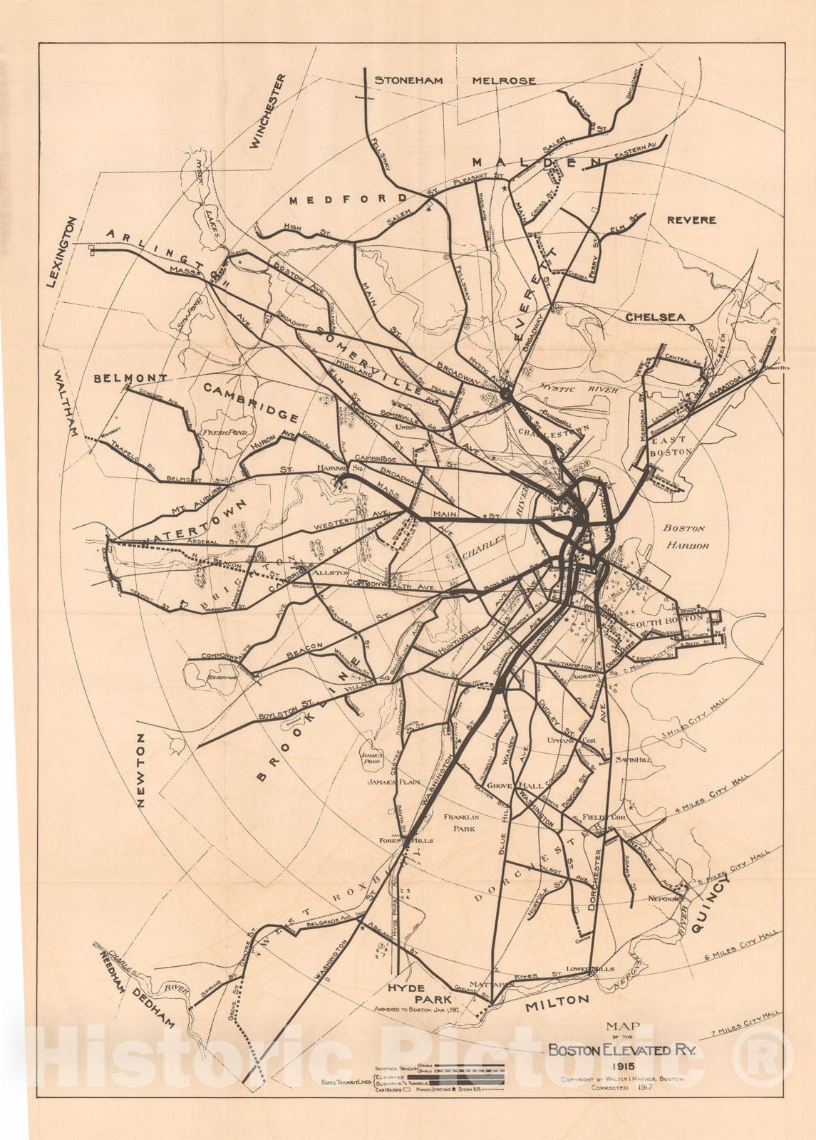 Historic Map : Greater Boston Transit Maps, Boston Elevated Railway 1917 Railroad Catography , Vintage Wall Art