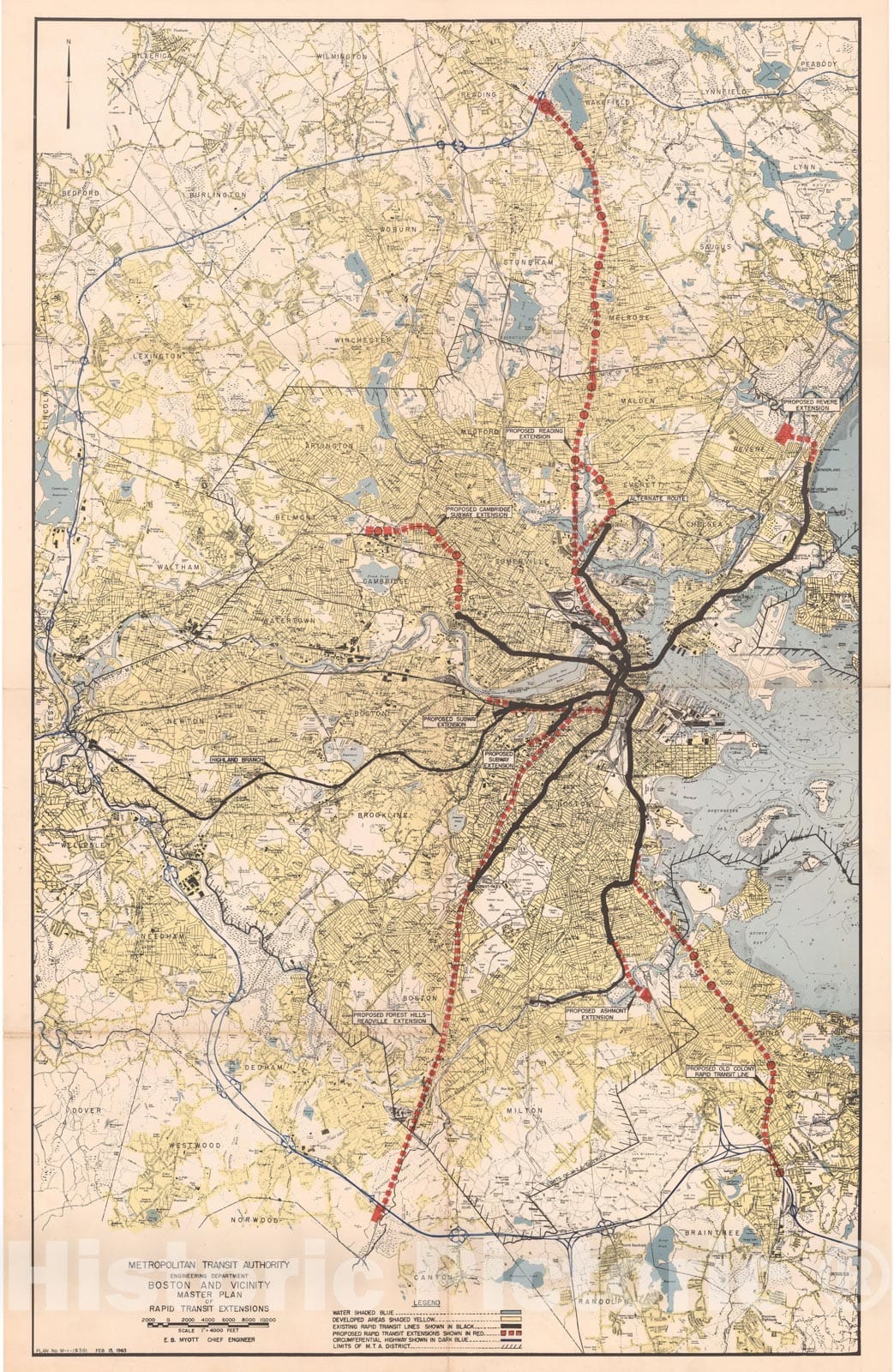 Historic Map : Greater Boston Transit Maps, MTA Master Plan of Rapid Transit Extensions 1963 Railroad Catography , Vintage Wall Art