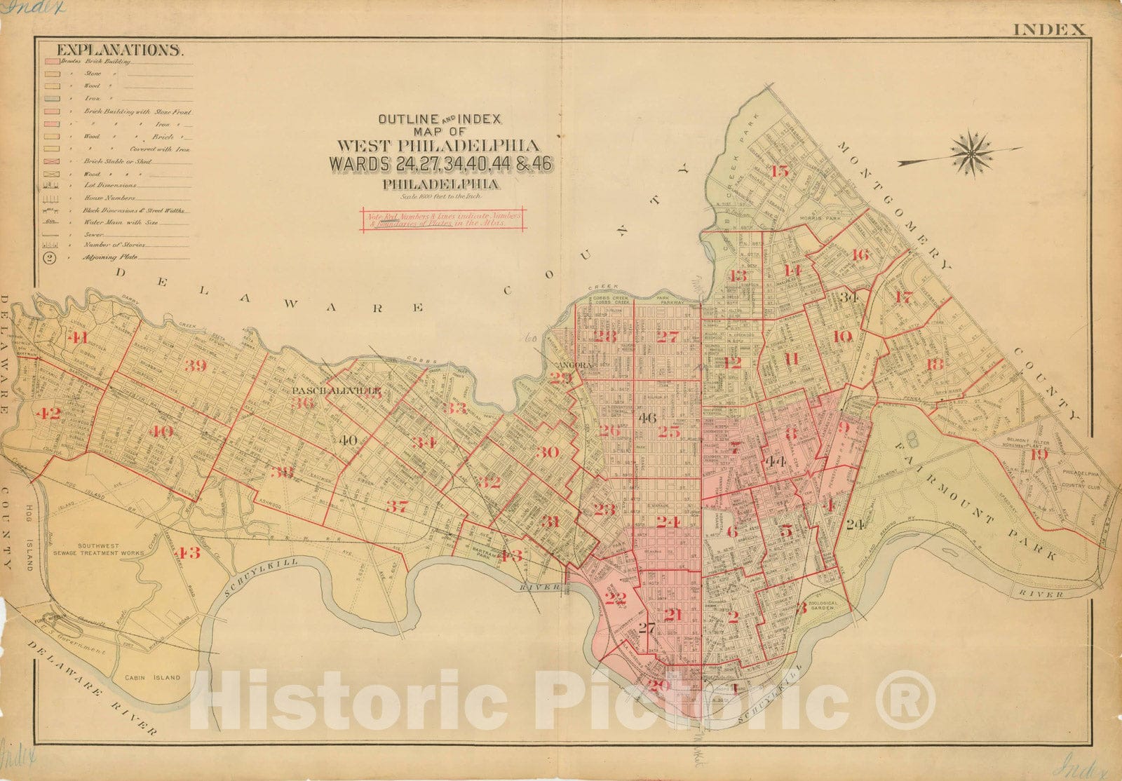 Historic Map : Atlas of Philadelphia, Wards 24, 27, 34, 40, 44, 46, West Philadelphia 1918 Index Plate , Vintage Wall Art