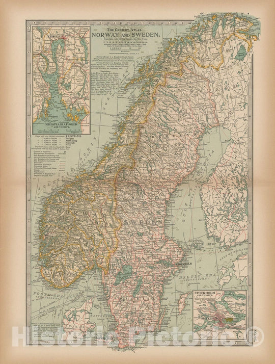 Historic Map : Norway & Sweden 1897 , The Century Atlas World , Vintage Wall Art