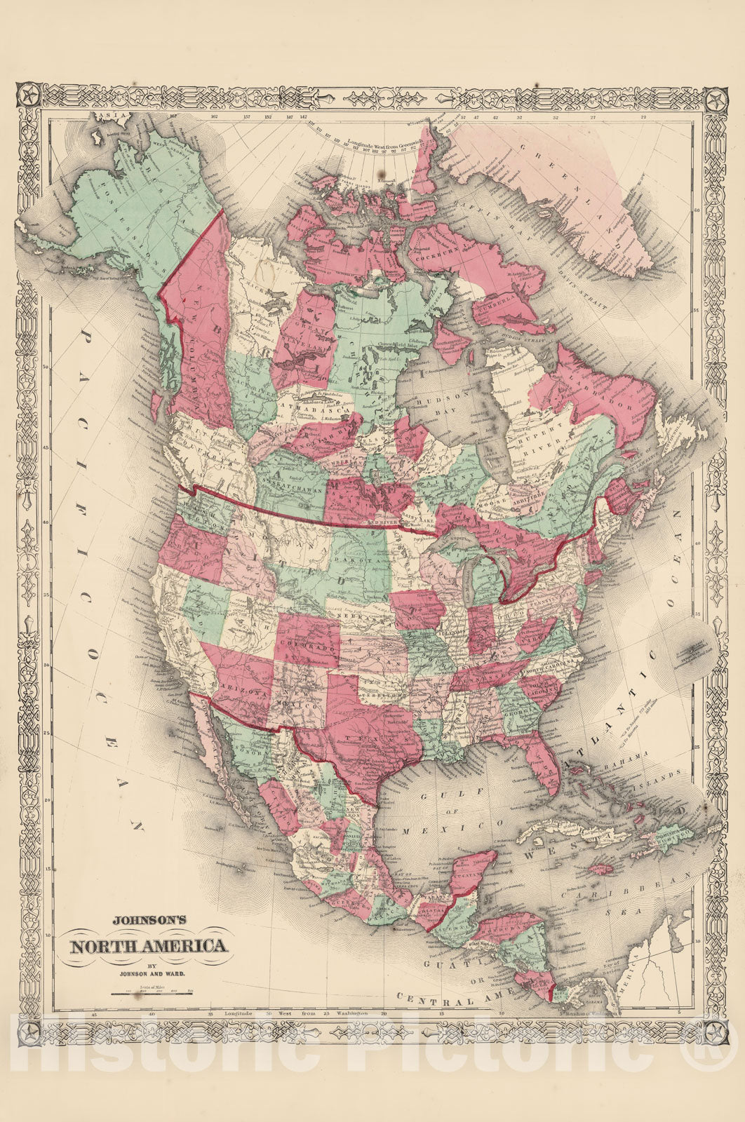 Historic Map : North America 1865 , Johnson's Family Atlas , Vintage Wall Art