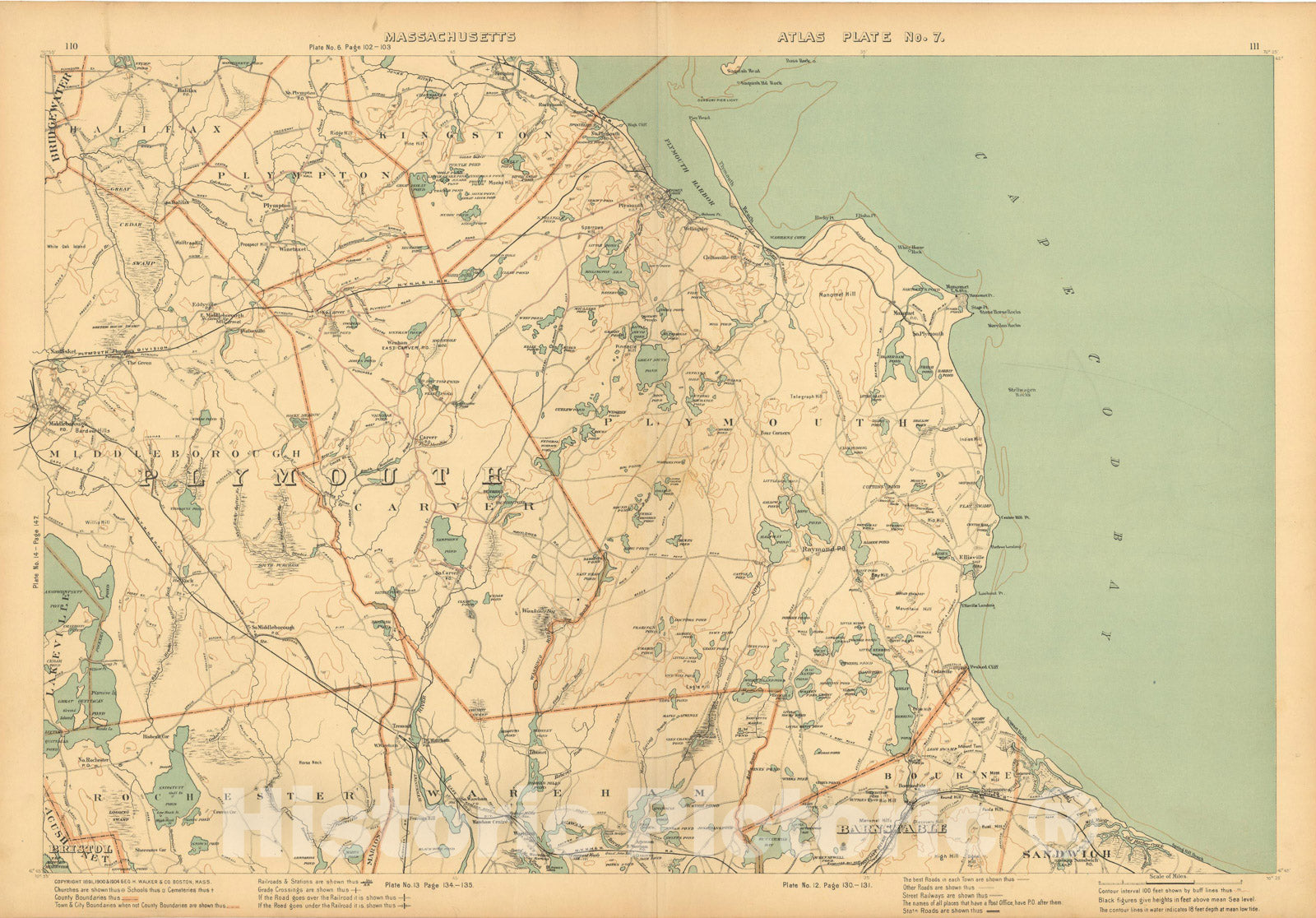 Historic Map : Atlas of Massachusetts, Bourne & Carver & Kingston & Middleborough & Plymouth & Wareham 1904 Plate 007 , Vintage Wall Art