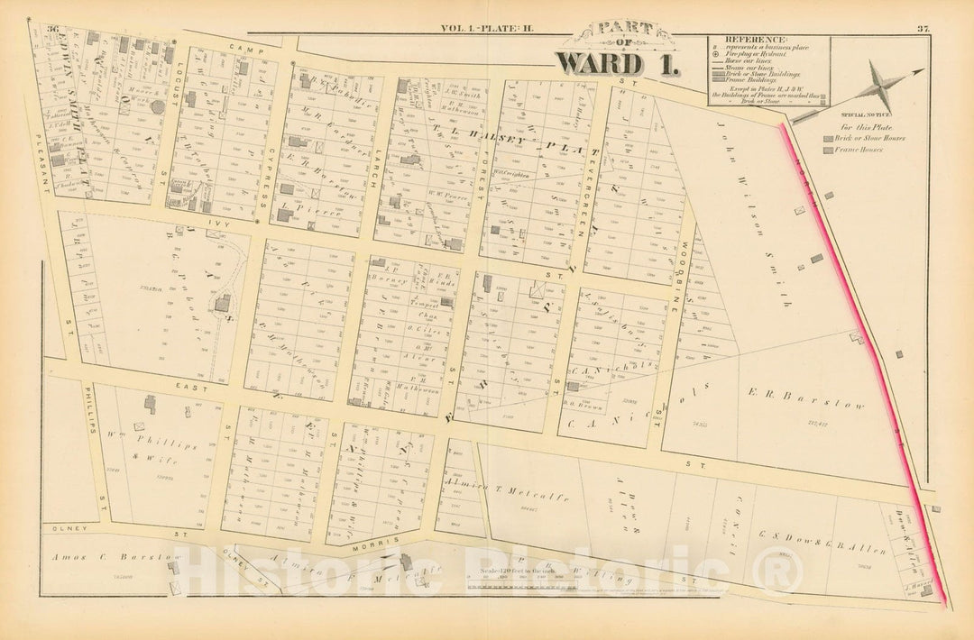 Historic Map : City Atlas of Providence Rhode Island by Wards, Volume I, Providence 1875 Plate H , Vintage Wall Art