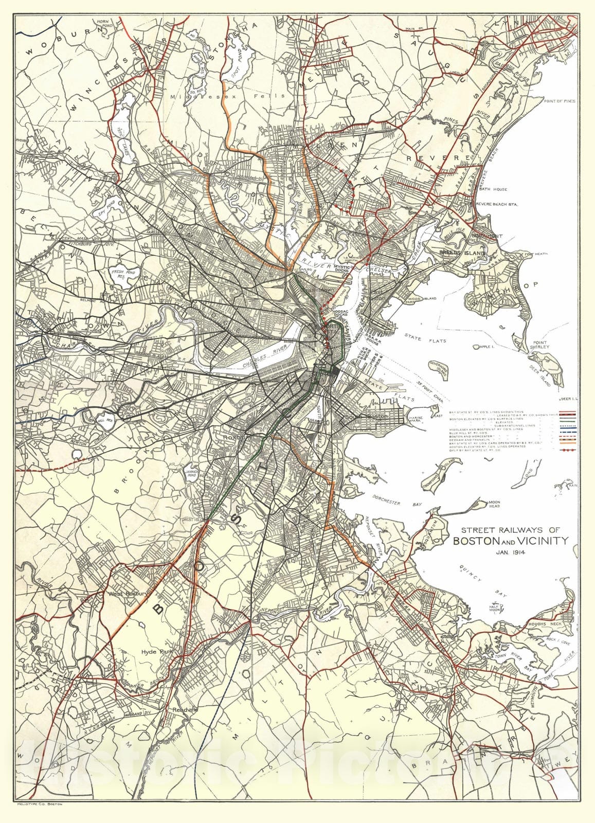 Historic Map : Street Railways of Boston & Vicinity 1914 Transit Railroad Catography , Vintage Wall Art